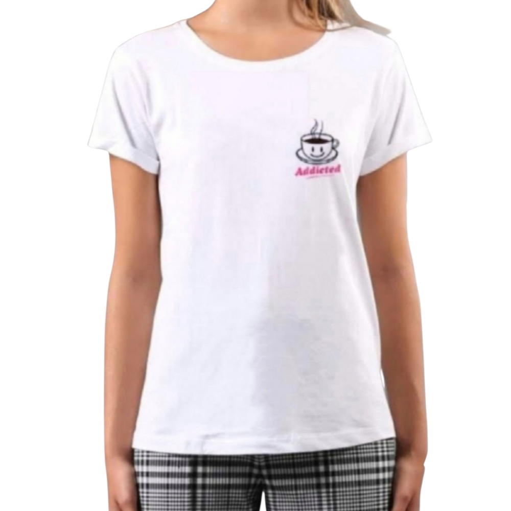 Addicted White Short Sleeve Tee with Coffee Cup Design
